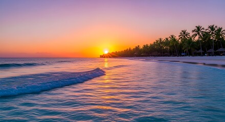 Radiant Sunset Over Turquoise Ocean with Palm Trees and White Sand Beach, Peaceful Tropical Seascape Photography