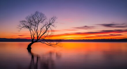 Solitary Leafless Tree Reflected in Still Lake at Sunset, Dramatic Landscape Photography with Vibrant Sky and Mountain Silhouette