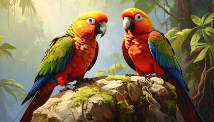 Two vibrant parrots on a mossy rock in a lush jungle