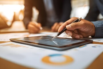 business team analyzing data on tablet, close up, photo realistic, high detail, professional composition, commercial lighting