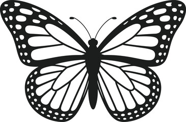 Black monarch butterfly silhouette with white spots and veins on white background