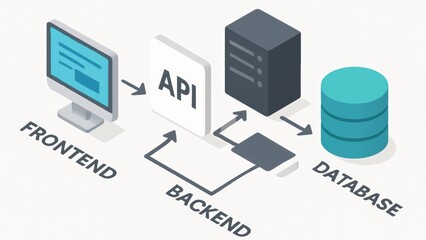Backend System Illustration of a web architecture showing frontend, backend, API, and database components.