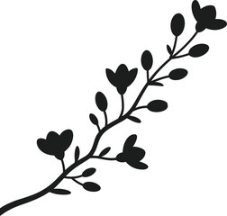 Black silhouette of a blooming branch with small flowers and buds on a white background