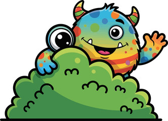 Obraz premium curious, colorful creature peeks from bush, waving a cheerful greeting