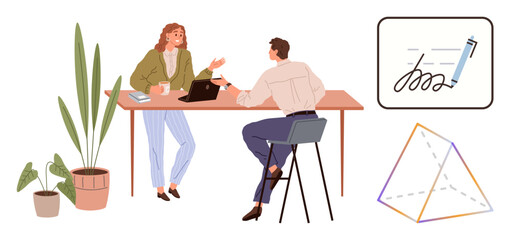 Colleagues brainstorming at desk with laptop, plants, geometric diagram, and digital signature concept. Ideal for team collaboration, productivity, design, creativity, innovation planning simple