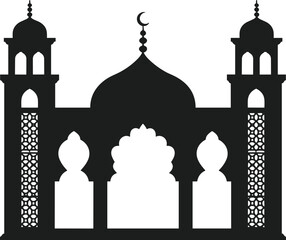 Black silhouette of a mosque with dome and minarets on white background
