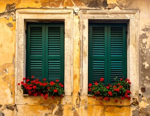 Two vintage-style windows with green shutters and red flowers