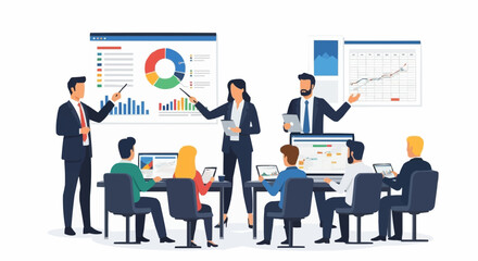 Business professionals conducting a meeting with data analysis and presentations.