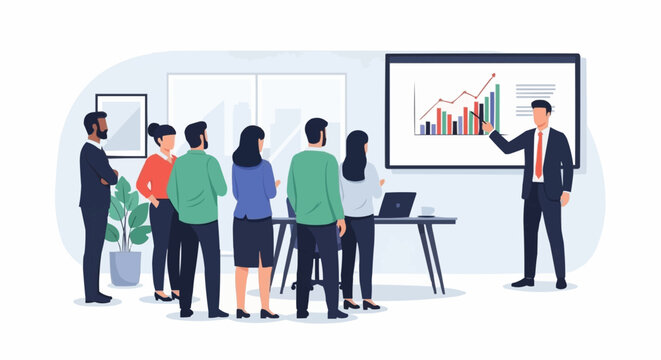 Business meeting presentation with diverse team analyzing growth chart on screen.
