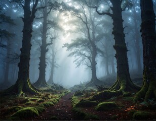 Atmospheric view of a foggy forest path with towering trees