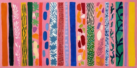 Abstract Composition Of Vertical Stripes With Diverse Patterns And Colors Against Pink Background