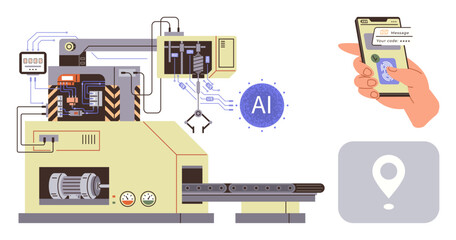 Robotic arm operating automation system integrated with AI processing. Mobile phone controlling workflow. Ideal for innovation, AI technology, smart manufacturing, efficiency, industrial design