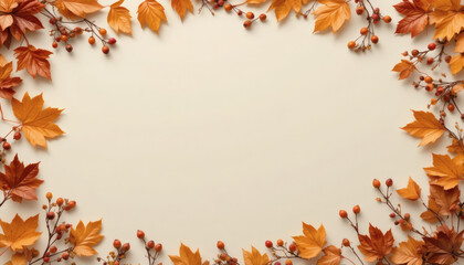 Autumn wreath frame with leaves and berries on cream background, Thanksgiving card layout.