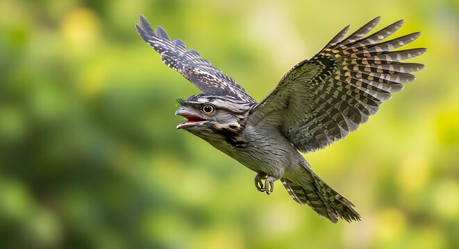 Tawny frogmouth in flight with open beak against a blurred green background showcasing its wing pattern