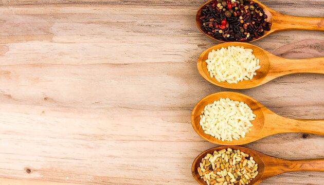 Wooden spoons with various grains and spices