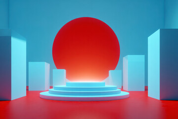 Minimalistic geometric set with a bold red circle and a tiered platform.