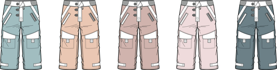 Technical flat designs for children's winter pants in pastel colors, with cargo pockets, zippers, and reflective elements for outdoor adventures