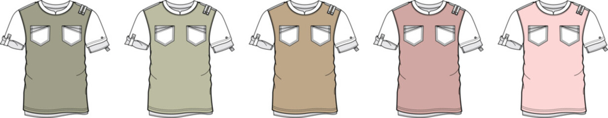 A collection of colorful pinafore dresses or apron tops with pockets, presented as a fashion flat sketch illustration set in various muted tones