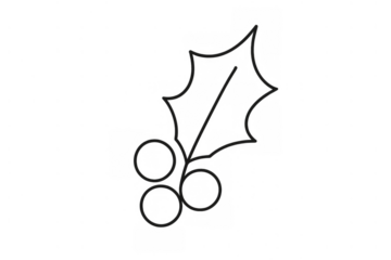 Holly sprig with sharp leaves and three berries, presented as a minimalist black line art icon on a transparent background