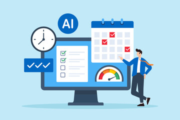 Flat illustration of office worker using AI tool to manage task list optimize schedule and improve performance through calendar and time management