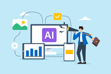 Flat illustration of office worker using AI generative tools to create marketing content and automate business tasks with digital devices and workflow system