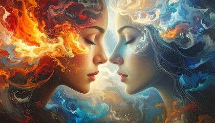 Two women's faces, abstractly painted, fire and water