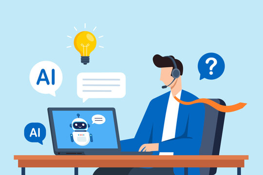 Flat illustration of call center agent using AI chatbot on computer to assist customer communication through helpdesk service and generative support tools