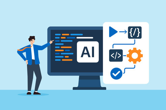 Flat illustration of prompt engineer using AI tools to write code develop software and automate workflow for modern programming innovation