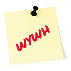 Wish you were here texting acronym WYWH, wistful longing textspeak text concept, red marker romance crush slang message isolated yellow adhesive post-it sticky note black pushpin macro closeup