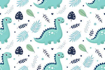 Fototapeta premium Seamless Pattern of Cute Teal Dinosaurs and Leaves