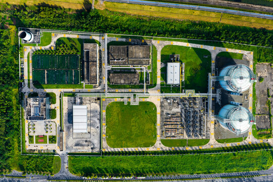 Top view of LNG storage tanks and industrial facility