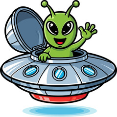 joyful alien traveler arrives, waving a friendly welcome from his ufo