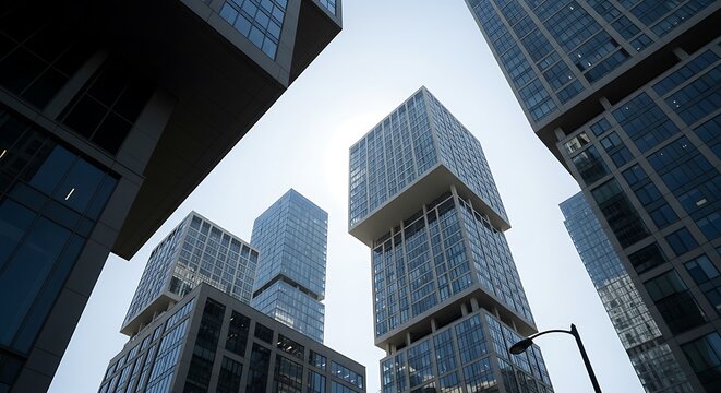 Low angle view of modern glass skyscrapers against a bright sky, showcasing contemporary architecture and urban development. - Powered by Adobe