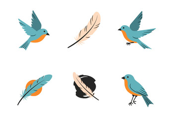 Six illustrations of blue and orange birds and feathers on a white background