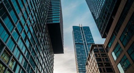 Naklejka premium Low Angle View of Modern Glass Skyscrapers in a City.