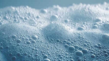 Obraz premium Close up macro view of light blue soap bubbles creating a foamy surface texture