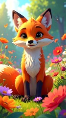 Fototapeta premium Cartoon fox sits in a colorful flower meadow under a sunny sky