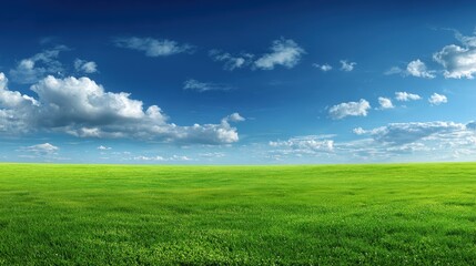 Obraz premium Expansive green field stretches beneath a vibrant blue sky dotted with white cumulus clouds