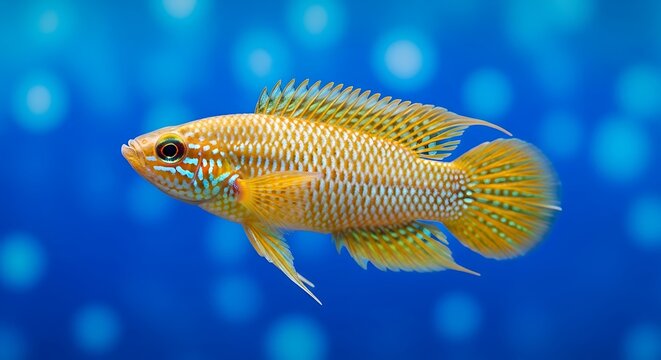 A vibrant apistogramma cacatuoides swimming gracefully against a blurred blue background in aquarium
