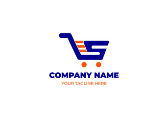 shopping cart illustration, company name initials S, vector logo
