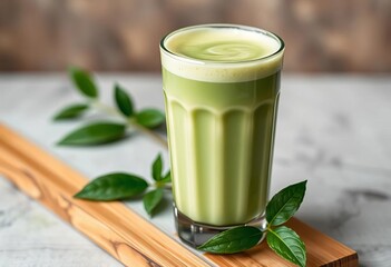 Creamy green matcha milk tea in glass, frothy top, delicious, drinkware