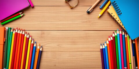 Obraz premium Colorful pencils and notebooks arranged on a wooden desk, forming a back-to-school border, notebooks, education