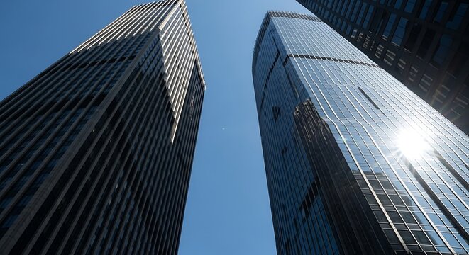 Low angle view of two modern skyscrapers against a clear blue sky, showcasing contemporary architecture and urban development.