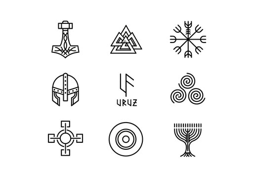 Nine black line art symbols arranged in a threebythree grid