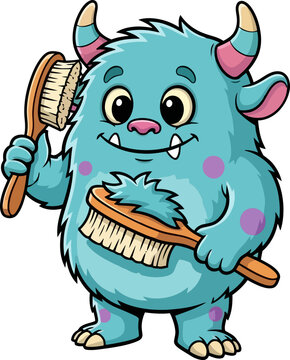 delightful fuzzy monster brushes its coat, embracing daily selfcare routine