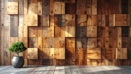 Wooden wall panels in a room.  Sunlight streams in