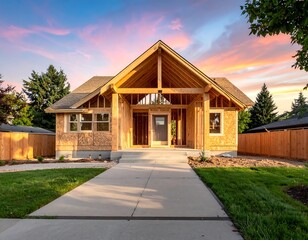 Under-construction home at sunset