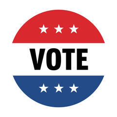 Vote election button icon or sticker with patriotic red, white, and blue colors and stars for democratic process and civic duty participation.