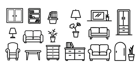 Home & Furniture Icons Pack | Sofa, Bed, Chair, Table, Lamp, and Interior Decor Vector Set | Minimal Line and Solid Style