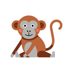 Obraz premium Cartoon baby monkey character vector illustration sitting with a happy face, isolated on a white background, flat style simple graphic design for children and education.